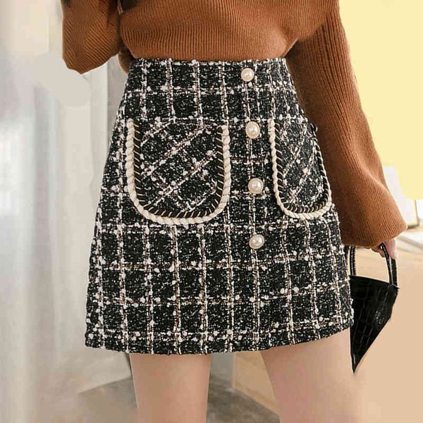 women autumn winter pearl button mini pencil plaid wool skirts korean high waist elegant tweed ladies skirt 210323, Black
women autumn winter pearl button mini pencil plaid wool skirts korean high waist elegant tweed ladies skirt 210323, Black