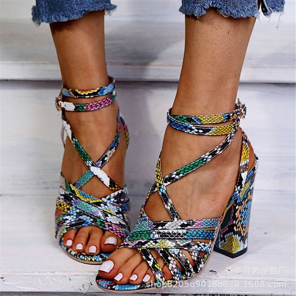 large snake pattern women's sho summer color matching cross thick heel high sandals, Black
large snake pattern women's sho summer color matching cross thick heel high sandals, Black