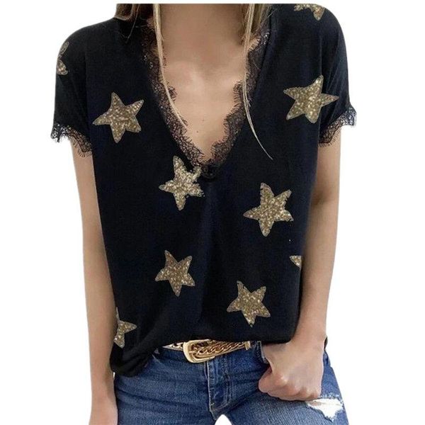 women's t-shirt lace v-neck printed star women summer short sleeves clothes europe and america 16 colors, White
women's t-shirt lace v-neck printed star women summer short sleeves clothes europe and america 16 colors, White