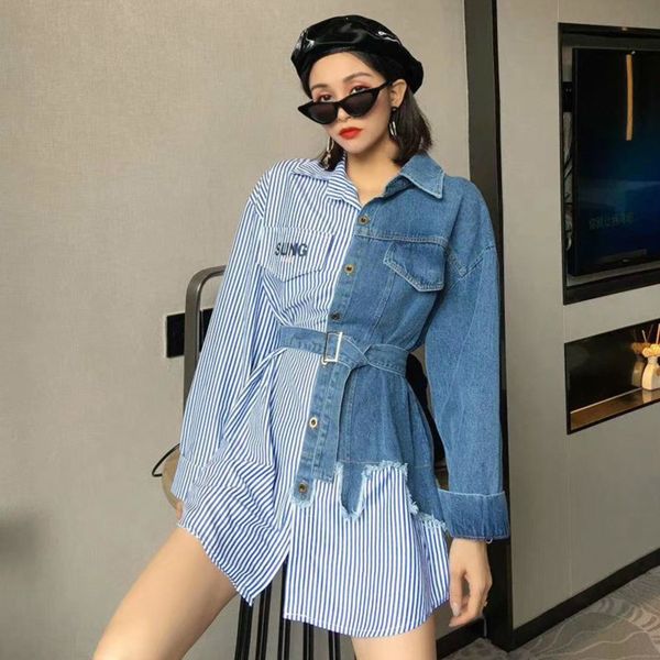 spring female loose casual turn down patchwork denim panelled striped long sleeve shirt dress with belt 8q474 210510, Black;gray
spring female loose casual turn down patchwork denim panelled striped long sleeve shirt dress with belt 8q474 210510, Black;gray