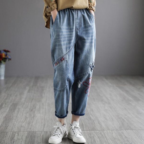 jeans women summer retro casual denim pants elastic waist patchwork embroidery trousers women's, Blue
jeans women summer retro casual denim pants elastic waist patchwork embroidery trousers women's, Blue