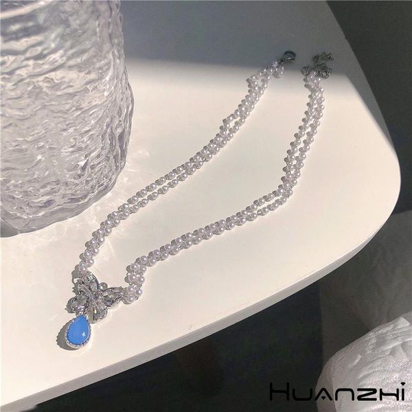 pendant necklaces huanzhi 2021 korean romantic choker double layer pearl butterfly blue drop crystal necklace for women party jewelry, Silver