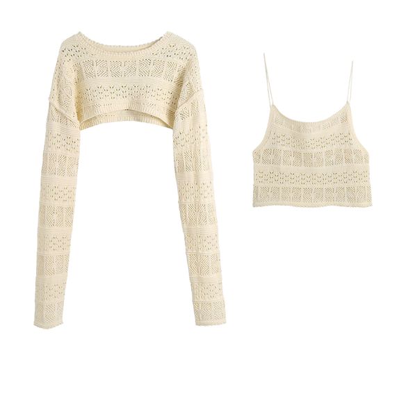 women open knit arm warmers cropped sweater and camisole two piece set casual fashion chic sweaters 210420, White;black
women open knit arm warmers cropped sweater and camisole two piece set casual fashion chic sweaters 210420, White;black