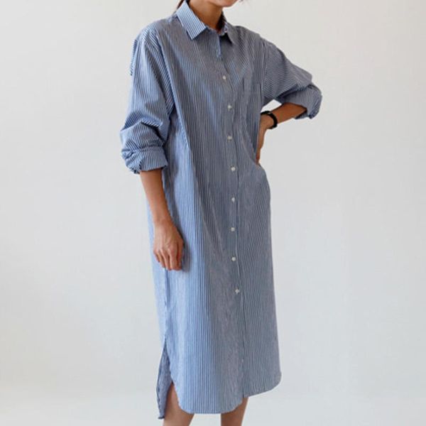 autumn fashion ladies dresses women striped shirt dress turn-down collar long sleeve side slit robe vintage midi blue casual, Black;gray
autumn fashion ladies dresses women striped shirt dress turn-down collar long sleeve side slit robe vintage midi blue casual, Black;gray