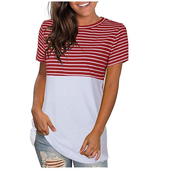 women's blouses & shirts fashion casual stripe splicing o-neck short sleeve loose blouse, White
women's blouses & shirts fashion casual stripe splicing o-neck short sleeve loose blouse, White