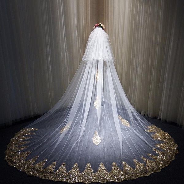 bridal veils shining gold lace edge long 3 meters cathedral wedding veil with comb two layers bride accessories voile mariee, Black
bridal veils shining gold lace edge long 3 meters cathedral wedding veil with comb two layers bride accessories voile mariee, Black