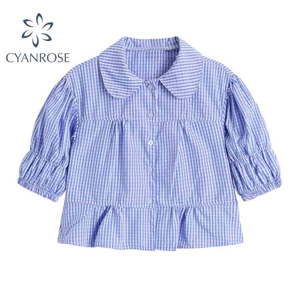 summer women's vintage plaid crop blouse fashion polo collar puff short sleeve shirts female casual sweet ruffle blusas 210430, White
summer women's vintage plaid crop blouse fashion polo collar puff short sleeve shirts female casual sweet ruffle blusas 210430, White