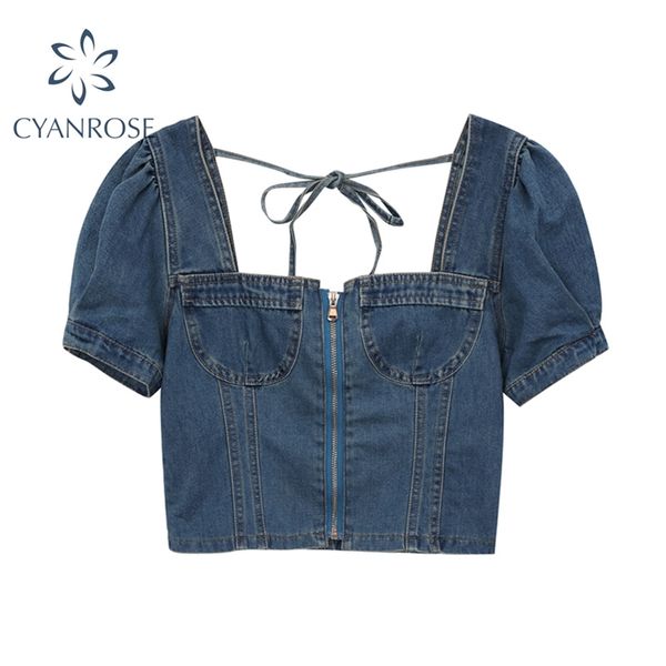 short sleeve crop denim blouses women back lace-up vintage slim summer shirt and blusas tide zipper mujer 210430, White
short sleeve crop denim blouses women back lace-up vintage slim summer shirt and blusas tide zipper mujer 210430, White