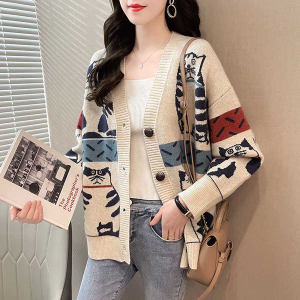 h.sa sweater women long sleeve oversized cartoon cat printed knit cardigans sweater coat korean style winter clothes women 210716, White;black 
h.sa sweater women long sleeve oversized cartoon cat printed knit cardigans sweater coat korean style winter clothes women 210716, White;black