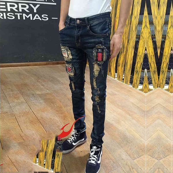 men's jeans spring and summer trend men's fashion personality jeans korean elastic hole slim beggar feet pencil pants men 9lux, Blue
men's jeans spring and summer trend men's fashion personality jeans korean elastic hole slim beggar feet pencil pants men 9lux, Blue