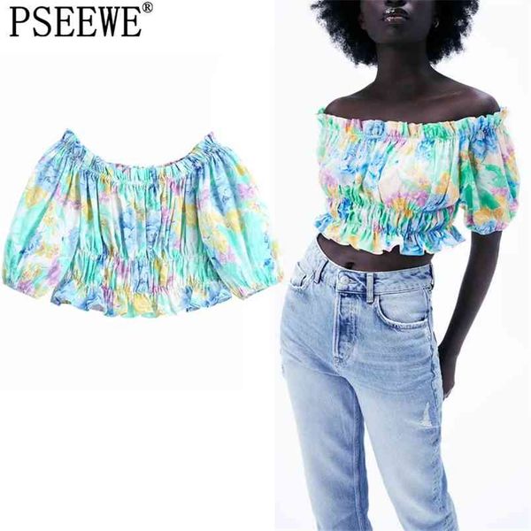 blouses women floral off shoulder woman summer short puff sleeve crop female elastic ruched ruffle blouse 210519, White 
blouses women floral off shoulder woman summer short puff sleeve crop female elastic ruched ruffle blouse 210519, White