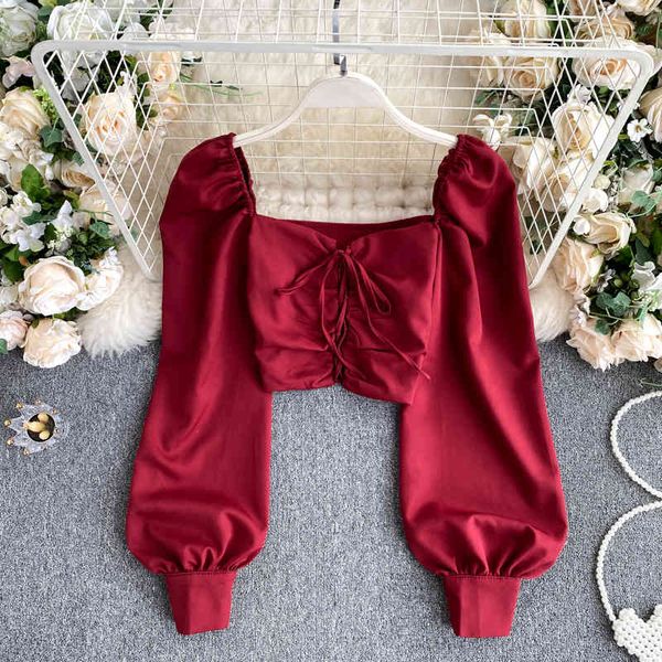 black/white/red/purple drawstring short blouse women square collar puff long sleeve bandage shirt female spring autumn 210426
black/white/red/purple drawstring short blouse women square collar puff long sleeve bandage shirt female spring autumn 210426