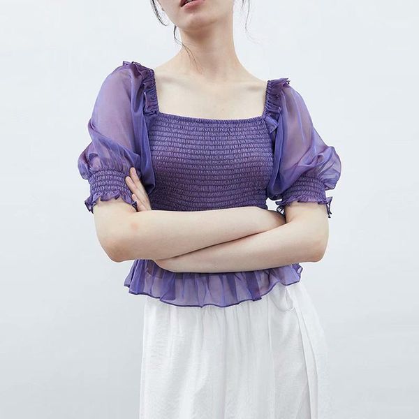 women's blouses & shirts vintage purple transparent short women 2021 fashion sleeve elastic female street style chic crop top, White
women's blouses & shirts vintage purple transparent short women 2021 fashion sleeve elastic female street style chic crop top, White