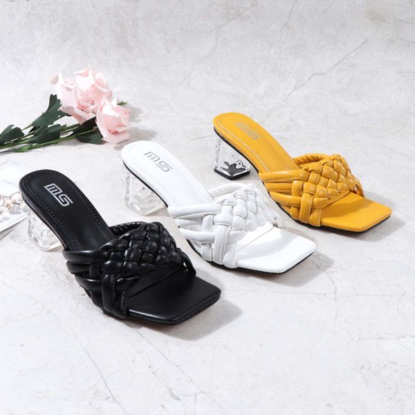 fashion thick heel sandals woven square head open toe cover foot large high-heeled women's slippers, Black
fashion thick heel sandals woven square head open toe cover foot large high-heeled women's slippers, Black