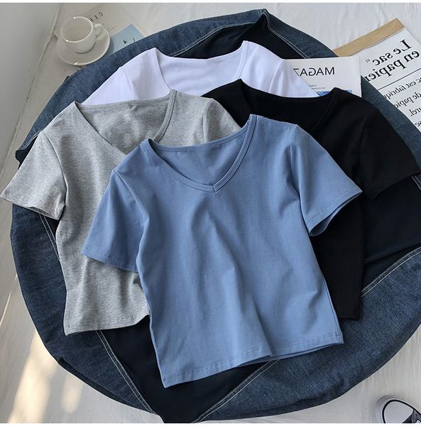 short v-neck solid color t-shirt chao2021 short sleeve with exposed navel showing thin summer new high waist women's wear, White
short v-neck solid color t-shirt chao2021 short sleeve with exposed navel showing thin summer new high waist women's wear, White