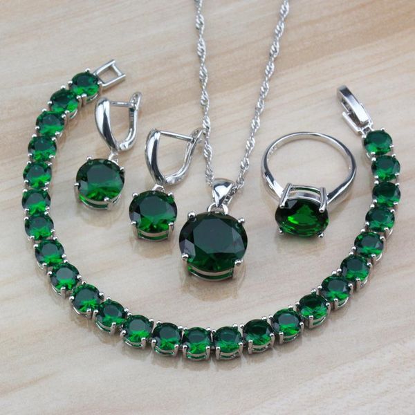 wedding jewelry sets 925 silver small round with natural stones cz green for women trendy costume and box, Slivery;golden