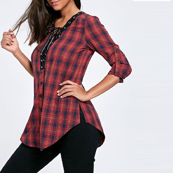 women's blouses & shirts spring autumn women plus size casual fashion v-neck lacing long sleeve plaid shirt for md-long style blouse to, White
women's blouses & shirts spring autumn women plus size casual fashion v-neck lacing long sleeve plaid shirt for md-long style blouse to, White