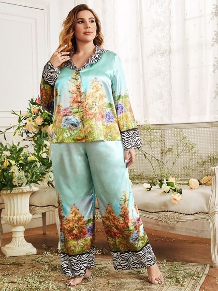 plus landscape print lapel collar sleep u1ca#, Black;white 
plus landscape print lapel collar sleep u1ca#, Black;white