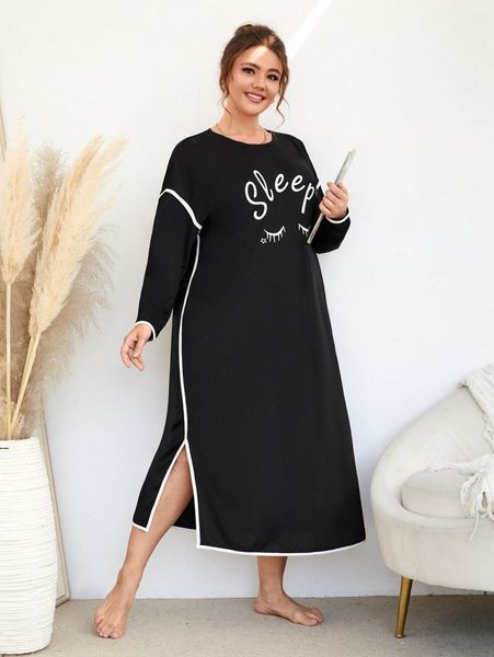 plus letter graphic drop shoulder contrast binding split hem night dress u2pp#, Black;white
plus letter graphic drop shoulder contrast binding split hem night dress u2pp#, Black;white