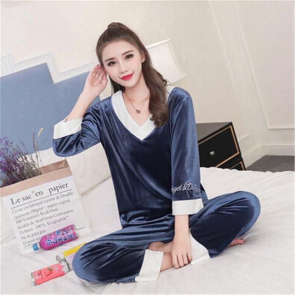 female gold velvet sleepwear sweet spring stitching long sleeved pajamas suit women's night clothes embroidery suits two piece pants, White
female gold velvet sleepwear sweet spring stitching long sleeved pajamas suit women's night clothes embroidery suits two piece pants, White
