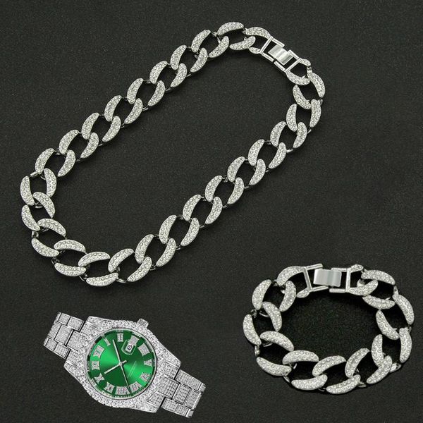 chains hip hop 3pcs kit 19mm full iced out paved rhinestone choker cuban rapper necklace+watch+bracelet for men women charm jewelry, Silver
chains hip hop 3pcs kit 19mm full iced out paved rhinestone choker cuban rapper necklace+watch+bracelet for men women charm jewelry, Silver