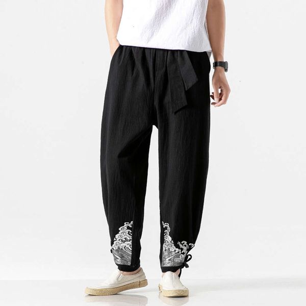 men's pants chinoiserie large gold wave printed lantern legged casual cotton and hemp capris zwji, Black
men's pants chinoiserie large gold wave printed lantern legged casual cotton and hemp capris zwji, Black