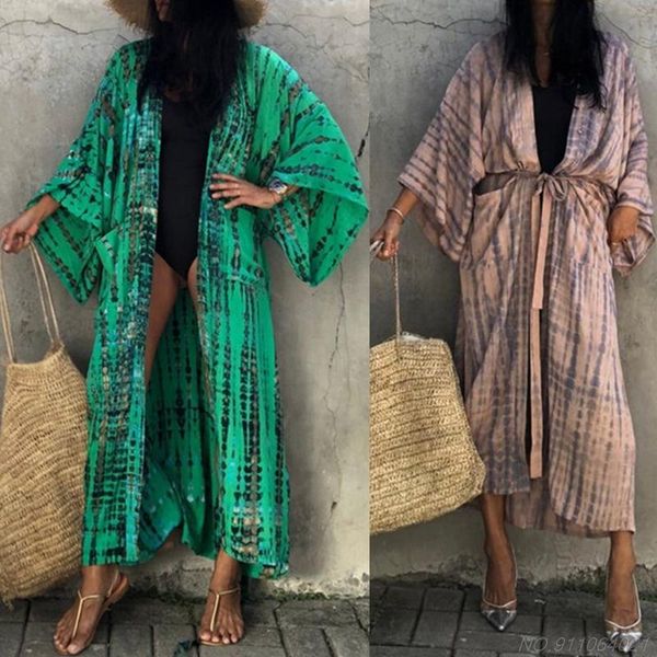 women's swimwear women tie-dye striped print kimono cardigan sunscreen long sleeve belted beach maxi dress open front swimsuit cover up, White;black
women's swimwear women tie-dye striped print kimono cardigan sunscreen long sleeve belted beach maxi dress open front swimsuit cover up, White;black