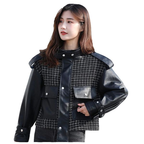 women's leather & faux fashion women jacket plaid pocket coat for womens lady short street clothing, Black
women's leather & faux fashion women jacket plaid pocket coat for womens lady short street clothing, Black