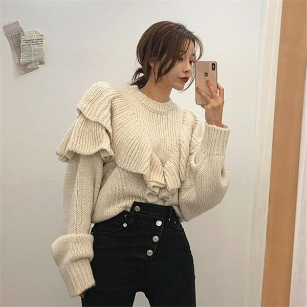 autumn elegant and fashionable design sense loose ruffled sweet knitted slim pullover casual long-sleeved sweater women's sweaters, White;black
autumn elegant and fashionable design sense loose ruffled sweet knitted slim pullover casual long-sleeved sweater women's sweaters, White;black
