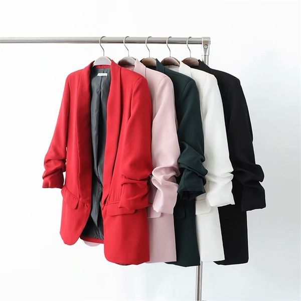white blazer women suits spring summer three quarter sleeve thin jacket leisure pink 211006, White;black
white blazer women suits spring summer three quarter sleeve thin jacket leisure pink 211006, White;black