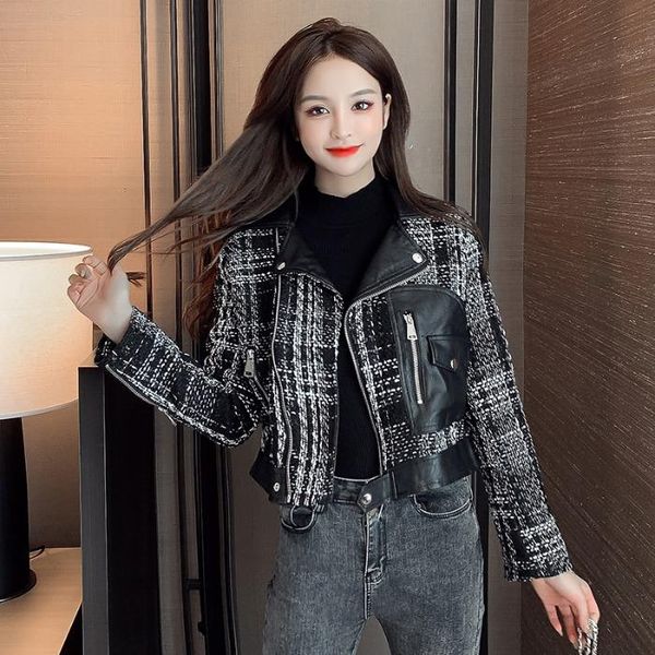 autumn / winter korean fashion style retro stitching plaid tweed leather short jacket slim coat women's jackets, Black;brown
autumn / winter korean fashion style retro stitching plaid tweed leather short jacket slim coat women's jackets, Black;brown