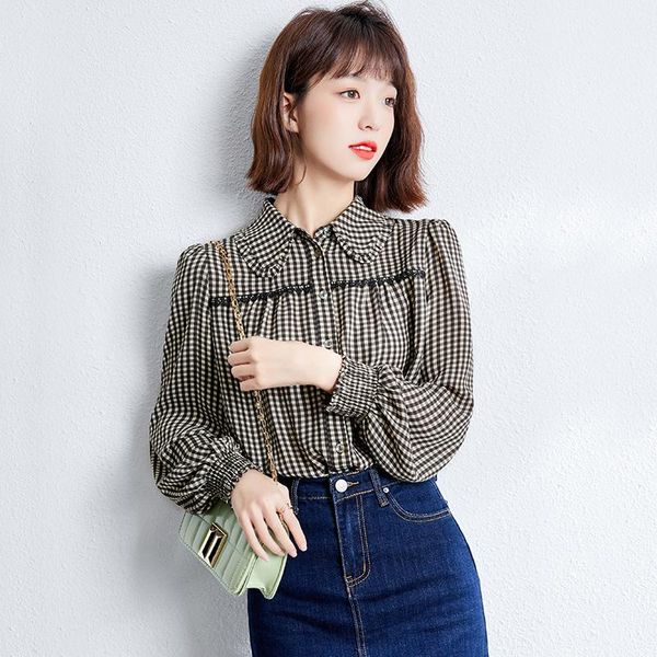 women's blouses & shirts spring retro plaid turn loose and thin shirt temperament blouse chiffon, White
women's blouses & shirts spring retro plaid turn loose and thin shirt temperament blouse chiffon, White