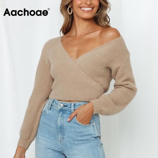 aachoae women v neck khaki sweater 2021 solid casual long sleeve crop female fashion back bow tie pullover jumper women's sweaters, White;black
aachoae women v neck khaki sweater 2021 solid casual long sleeve crop female fashion back bow tie pullover jumper women's sweaters, White;black