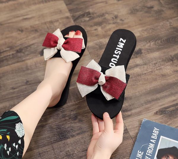 women's summer sandals bow big muffin heel beach shoes slippers, Black
