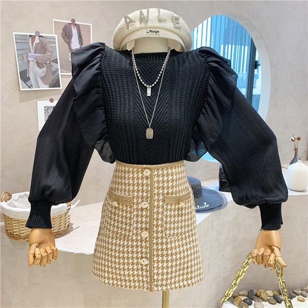 women's sweaters niche design clothing 2021 autumn sweet ruffle puff sleeve stitched sweater versatile bottoming knit shirt, White;black
women's sweaters niche design clothing 2021 autumn sweet ruffle puff sleeve stitched sweater versatile bottoming knit shirt, White;black
