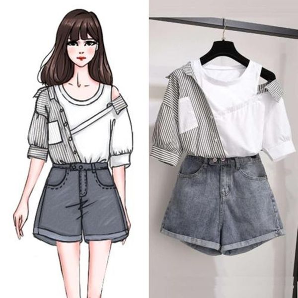 wild patchwork stripes mock two-piece joint vest shirt and wide leg denim shorts sets women simple fashion tshirt set 210525, White
wild patchwork stripes mock two-piece joint vest shirt and wide leg denim shorts sets women simple fashion tshirt set 210525, White