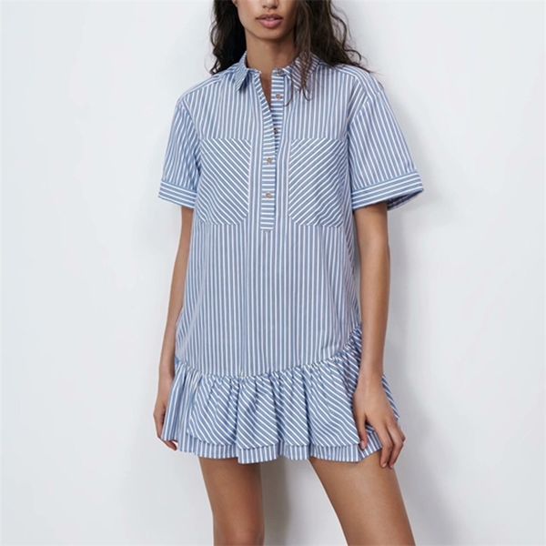 women summer striped shirts mini dress short sleeve pockets cascading ruffle casual female sweet dresses clothes vestidos 210513, Black;gray
women summer striped shirts mini dress short sleeve pockets cascading ruffle casual female sweet dresses clothes vestidos 210513, Black;gray