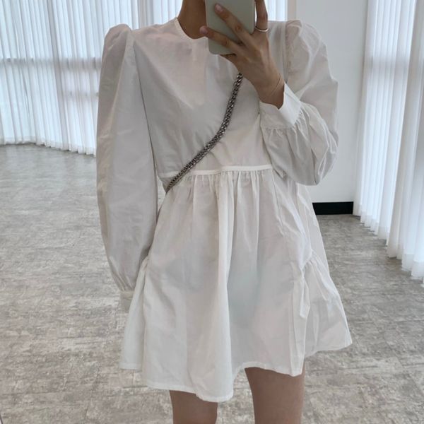 woman dress black white long puff sleeve loose style solid casual clothing korean fashion o-neck solid 2021 summer new, Black;gray
woman dress black white long puff sleeve loose style solid casual clothing korean fashion o-neck solid 2021 summer new, Black;gray