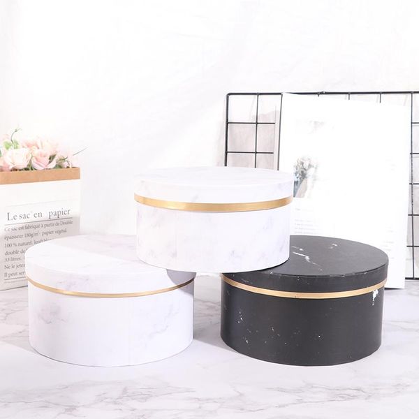 marble romantic round flower box packaging paper bag gift lanyard storage florist bouquet with lid wrap