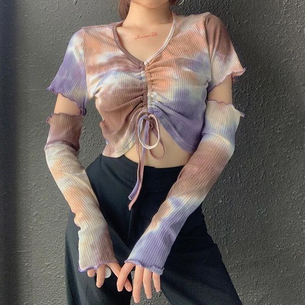 women's t-shirt women tie-dyed crop hollowed skinny streetwear female summer mesh long sleeve drawstring slimming clubwear, White
women's t-shirt women tie-dyed crop hollowed skinny streetwear female summer mesh long sleeve drawstring slimming clubwear, White