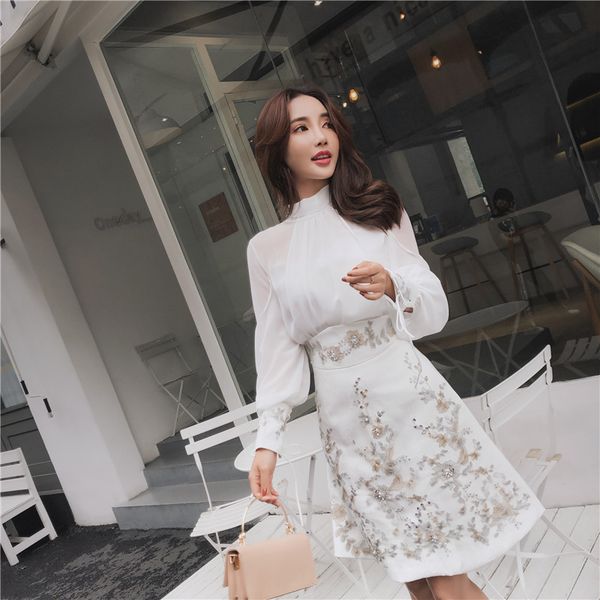 dresses spring women sets lantern long sleeve chiffon blouse floral sequins embroidery and high waist skirt office lady 2 pcs suit, White
dresses spring women sets lantern long sleeve chiffon blouse floral sequins embroidery and high waist skirt office lady 2 pcs suit, White