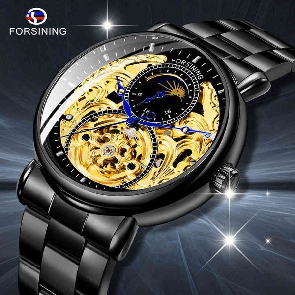 black golden skeleton clock refining rustless steel fashion blue hands design human automatic watches man relocks hombre, Slivery;brown
black golden skeleton clock refining rustless steel fashion blue hands design human automatic watches man relocks hombre, Slivery;brown