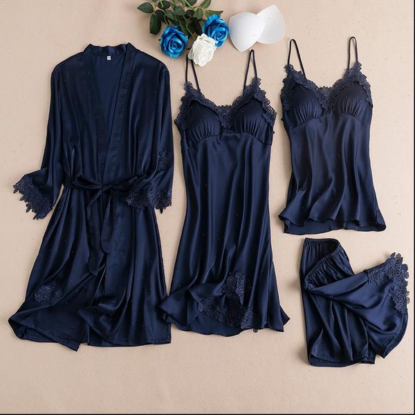 4pcs nightwear sleep set womens sleepwears navy blue pajamas suit kimono robe spring lingerie lace nightshirts bathrobe homewear, Black;red
4pcs nightwear sleep set womens sleepwears navy blue pajamas suit kimono robe spring lingerie lace nightshirts bathrobe homewear, Black;red
