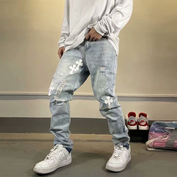 ch factory crosin high cross patching cloth hole washing jeans men's street trend slim fitting small foot casual pants, Black
ch factory crosin high cross patching cloth hole washing jeans men's street trend slim fitting small foot casual pants, Black