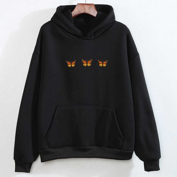 butterfly graphic print hoodies for women fashion womens oversized sweatshirts fashion clothing loose warm female streetwear y0820, Black