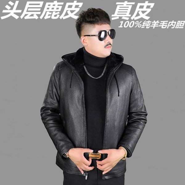 men's leather & faux 2021 authentic first layer deerskin 100% wool liner winter hooded jacket for middle-aged and elderly, Black
men's leather & faux 2021 authentic first layer deerskin 100% wool liner winter hooded jacket for middle-aged and elderly, Black