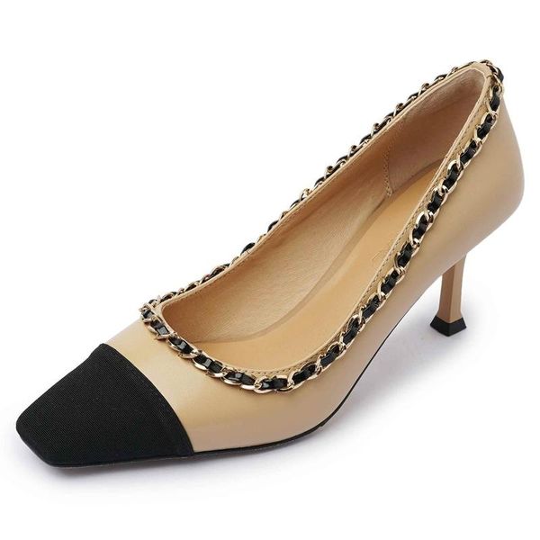 style genuine leather mixed colors chain decorations square toe thin high heel slip on noble women pumps l15 dress shoes, Black
style genuine leather mixed colors chain decorations square toe thin high heel slip on noble women pumps l15 dress shoes, Black