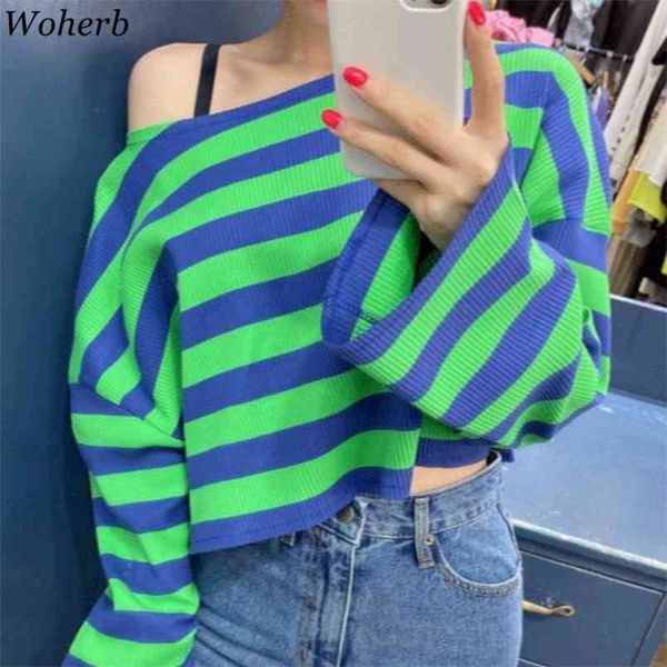 women t shirts korean off shoulder basic long sleeve tees shirt loose streetwear contrast color striped casual 210519, White
women t shirts korean off shoulder basic long sleeve tees shirt loose streetwear contrast color striped casual 210519, White