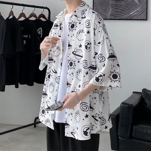 men's casual shirts summer happy planet print short sleeve shirt hong kong style loose jacket, White;black
men's casual shirts summer happy planet print short sleeve shirt hong kong style loose jacket, White;black