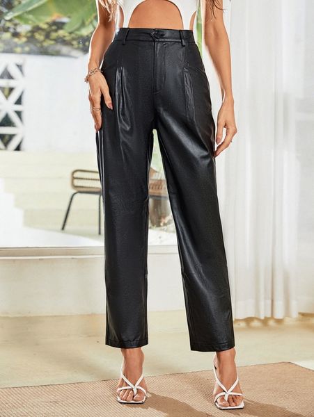 high waist pu pants b3zw#, Black;white